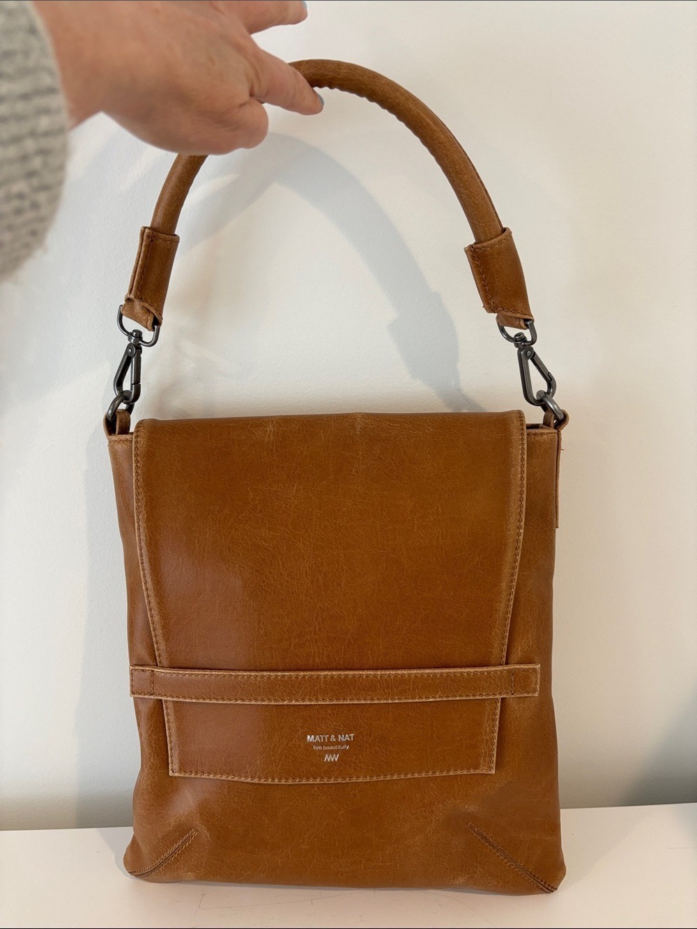 MATT & NAT envelope messenger bag satchel faux leather tan caramel colour